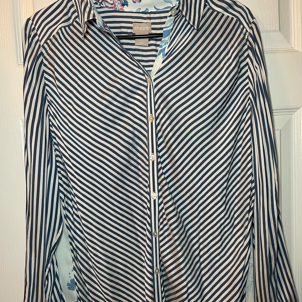 Blue and white striped button up